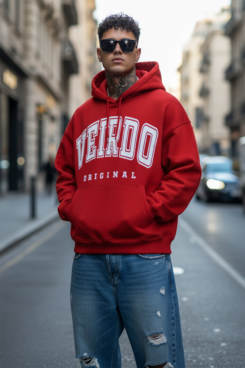 Veirdo Original Red Front Graphic Oversized Printed Hoodie