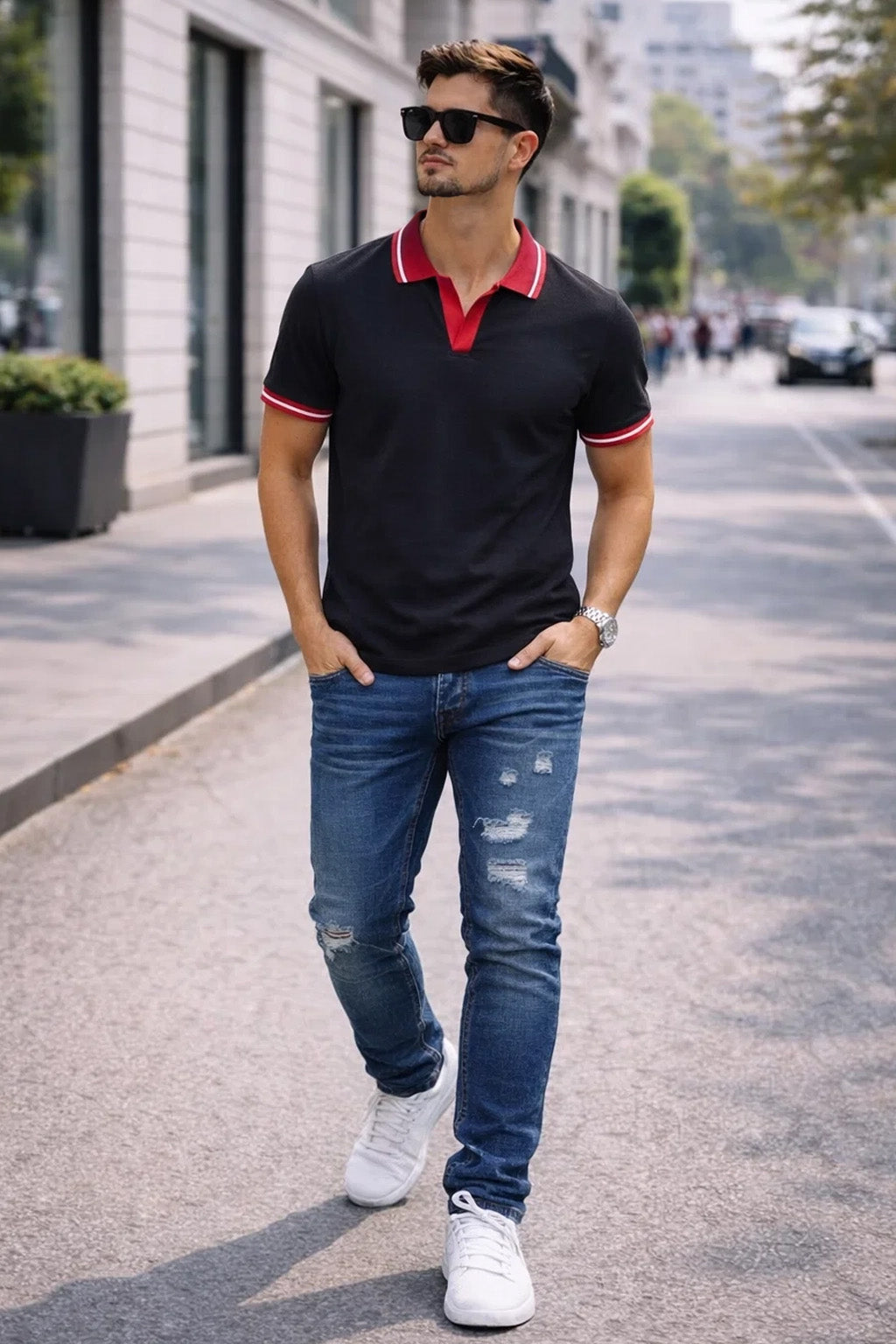 Black Contrast Stripped Rib Collar Economic Regular Fit Pique Polo