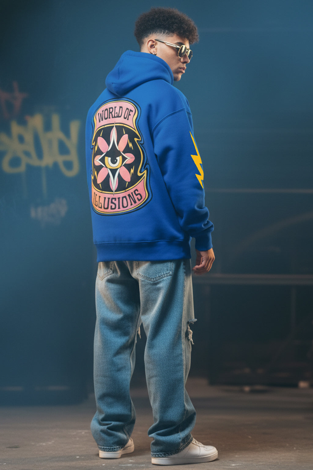 World of Illusions Blue Back Printed Regular Fit Hoodie