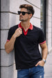 Black Contrast Stripped Rib Collar Economic Regular Fit Pique Polo