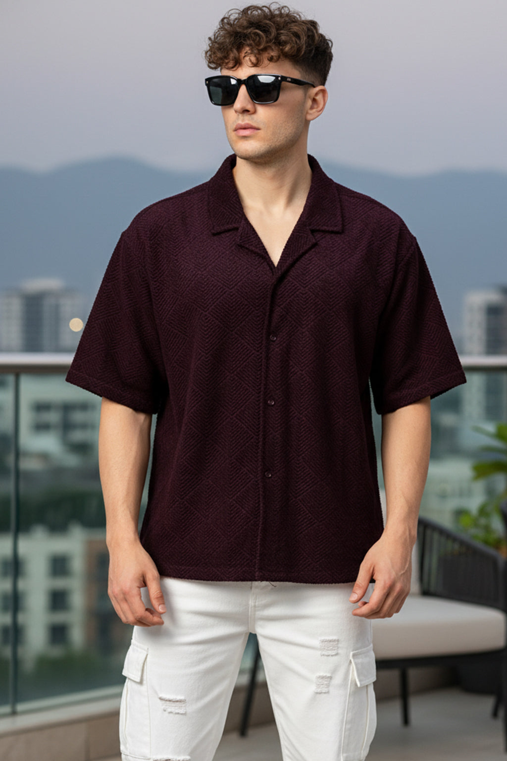 Wine Jacquard Plain Oversized Exclusive Shirt