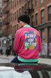 Magenta Back Typographic Printed Varsity Jacket