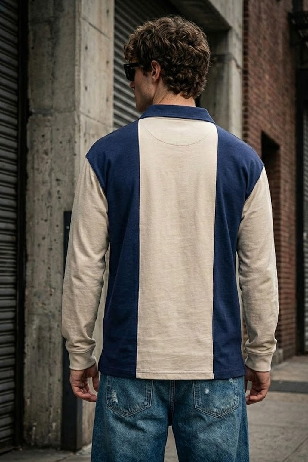 Veirdo Beige & Navy Oversized Full Sleeve Exclusive Polo T-shirt