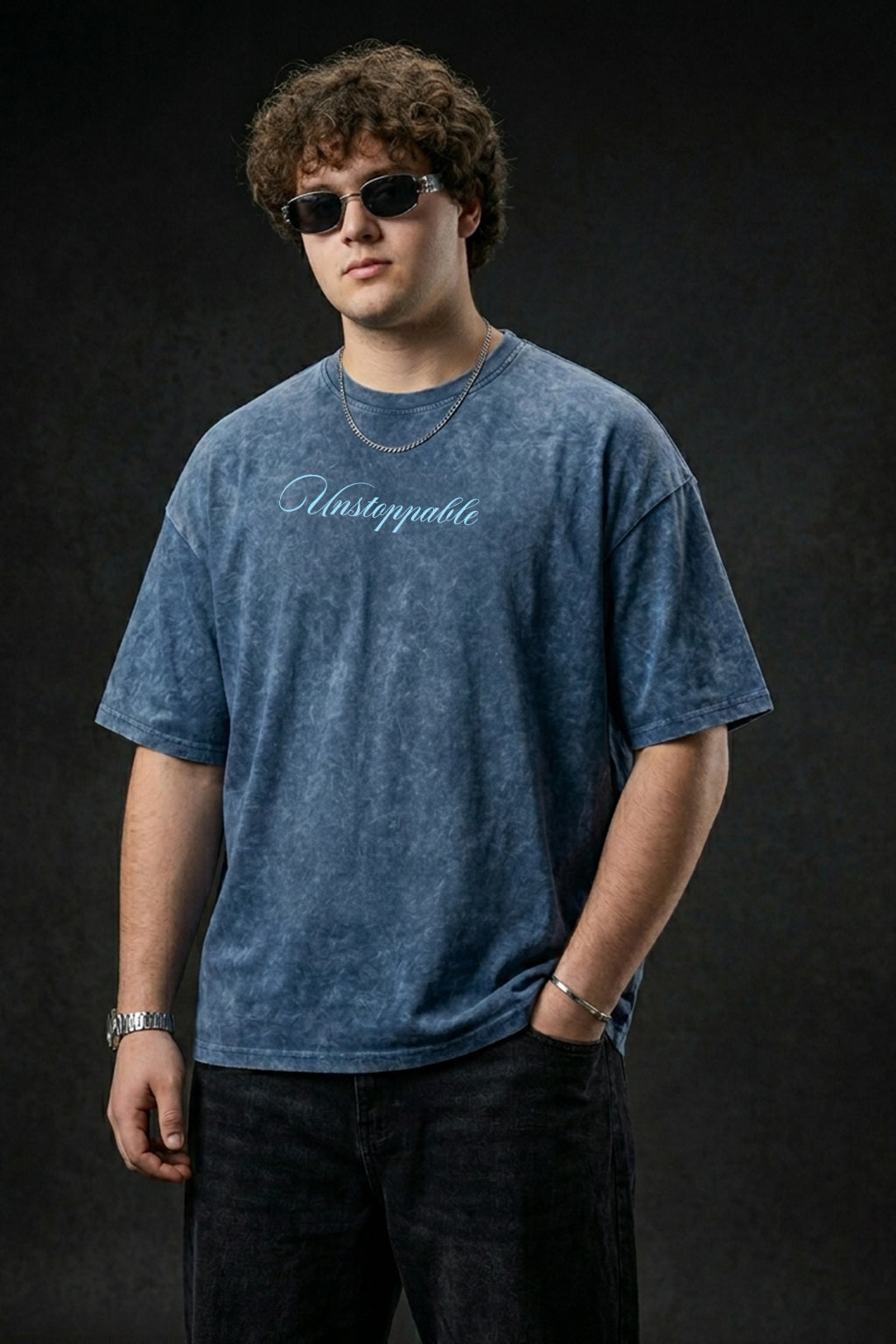 Unstoppable Navy Plus Size Acidwash Printed Exclusive T-Shirt