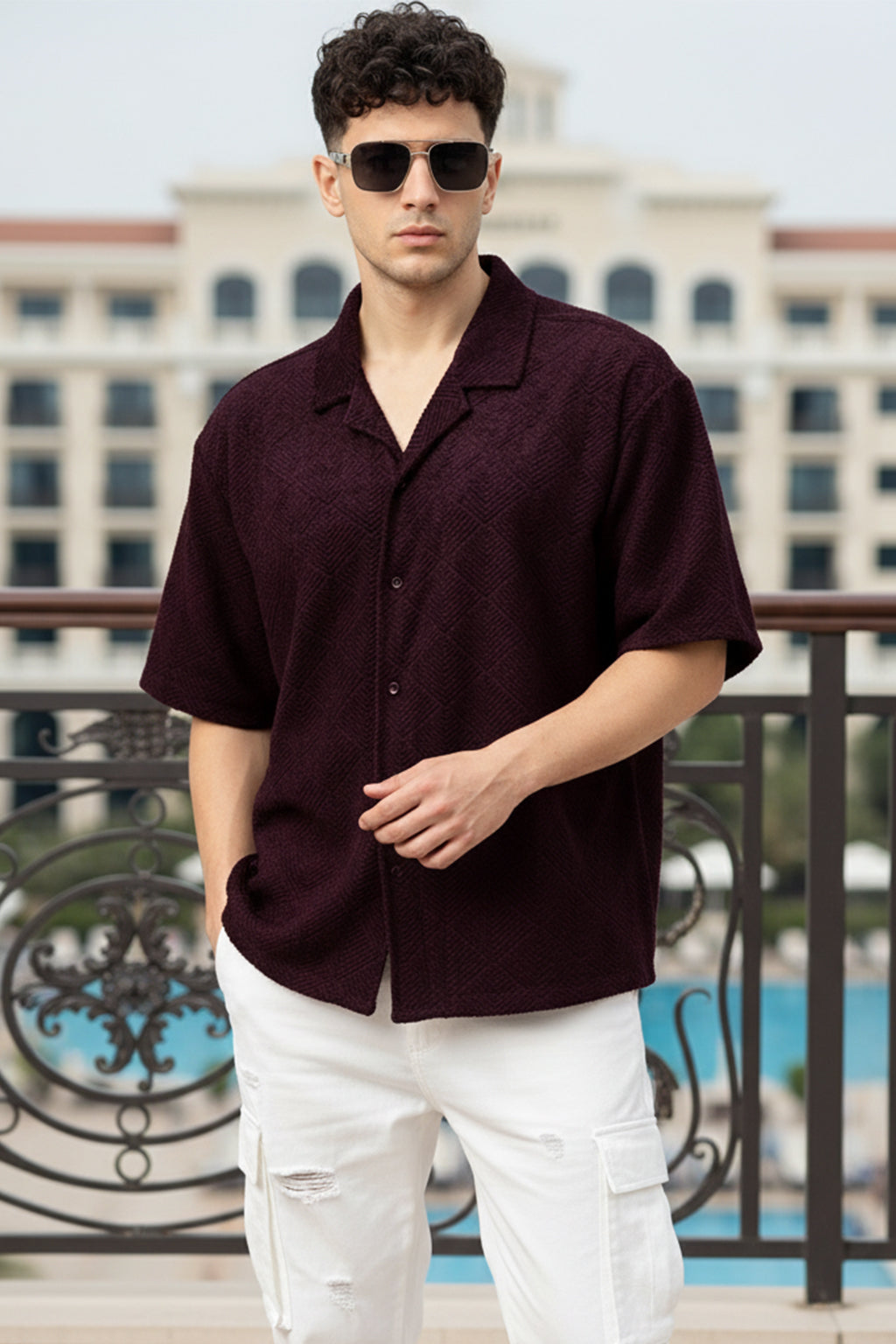 Wine Jacquard Plain Oversized Exclusive Shirt