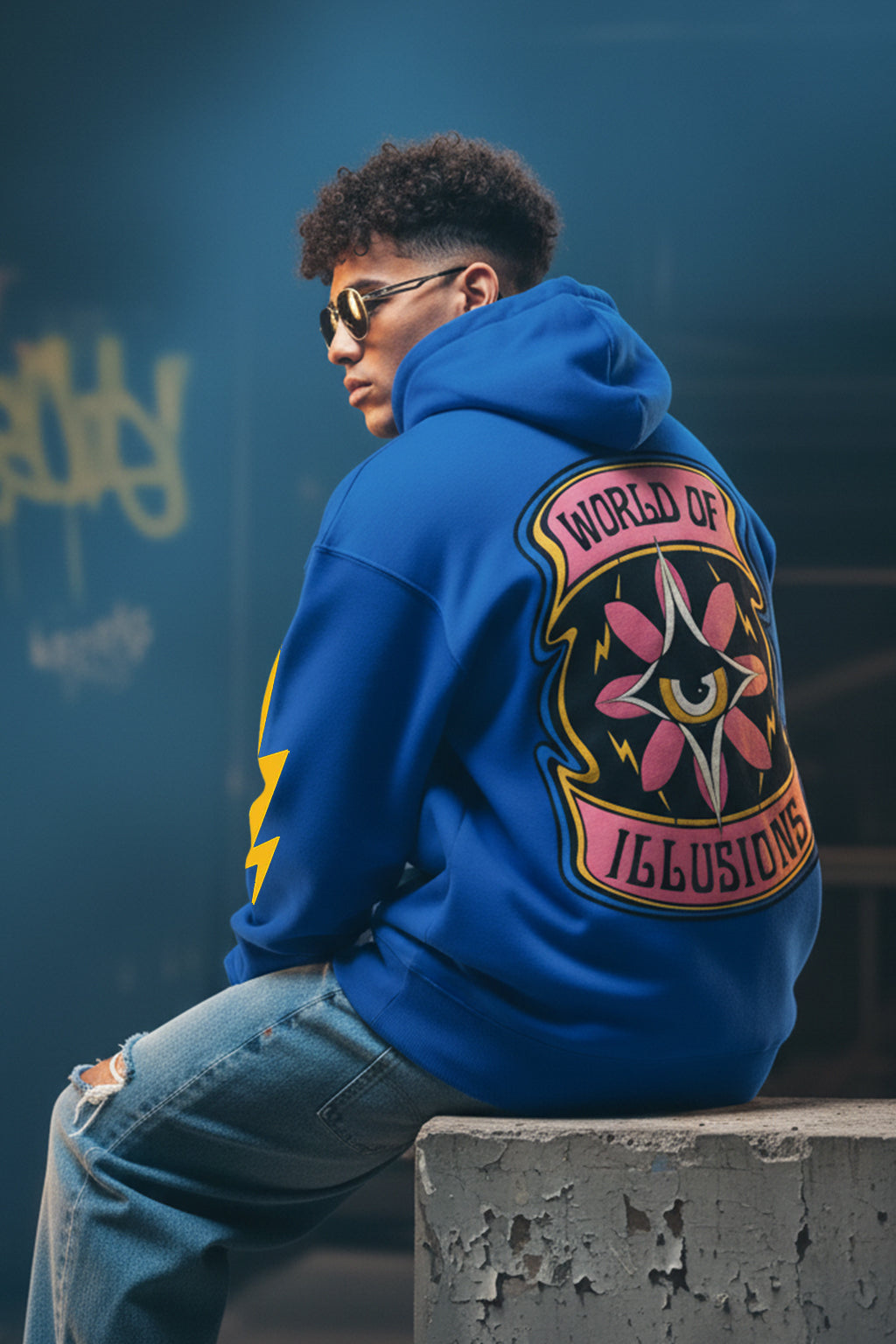 World of Illusions Blue Back Printed Regular Fit Hoodie
