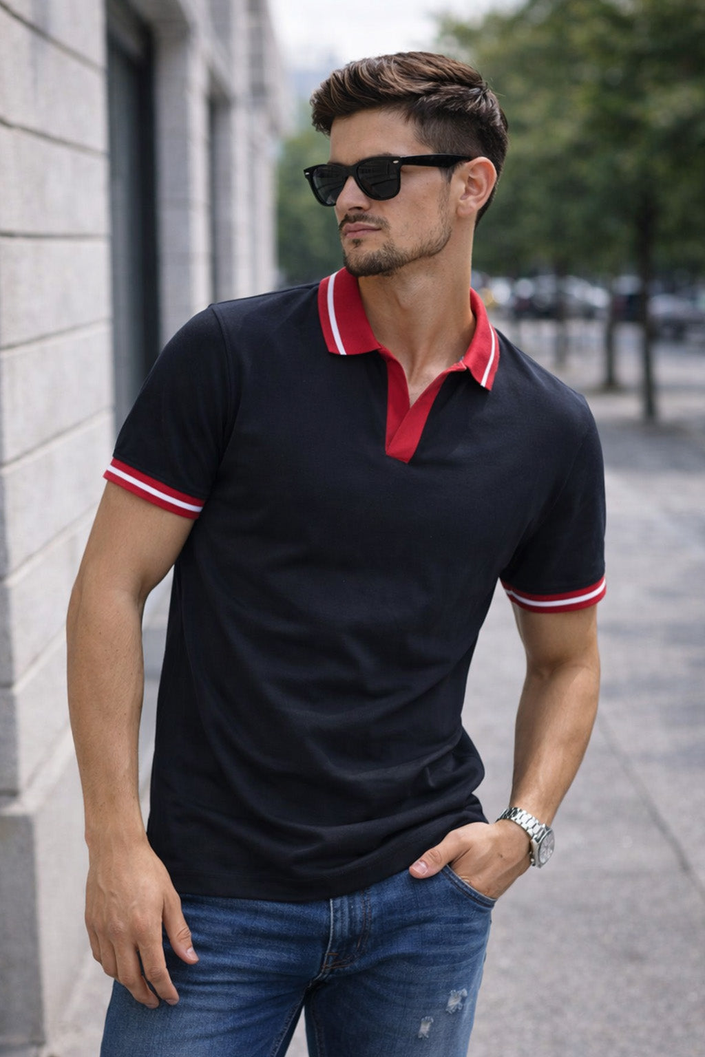 Black Contrast Stripped Rib Collar Economic Regular Fit Pique Polo