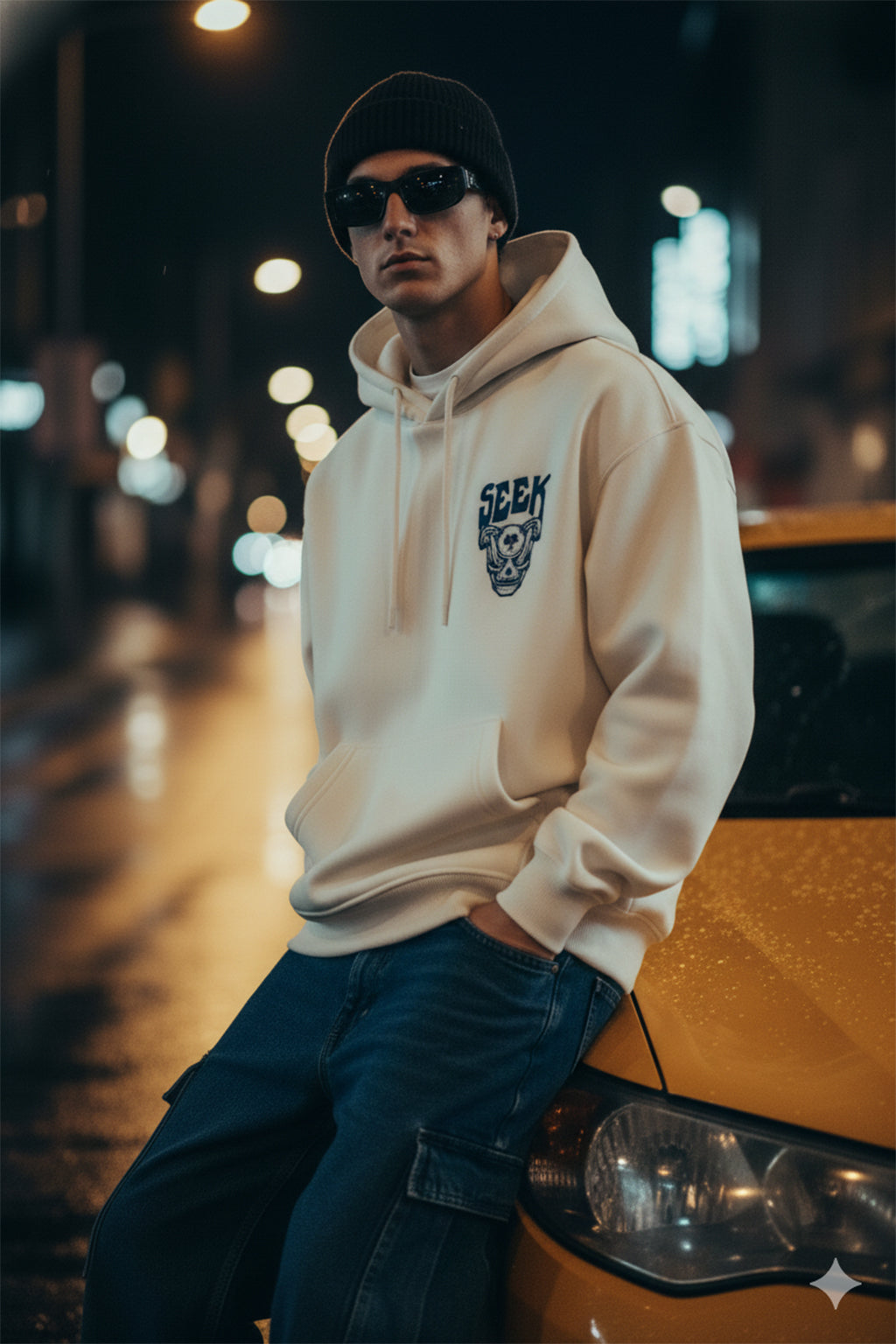 Seek Beige Oversized Pocket Graphic Printed Hoodie