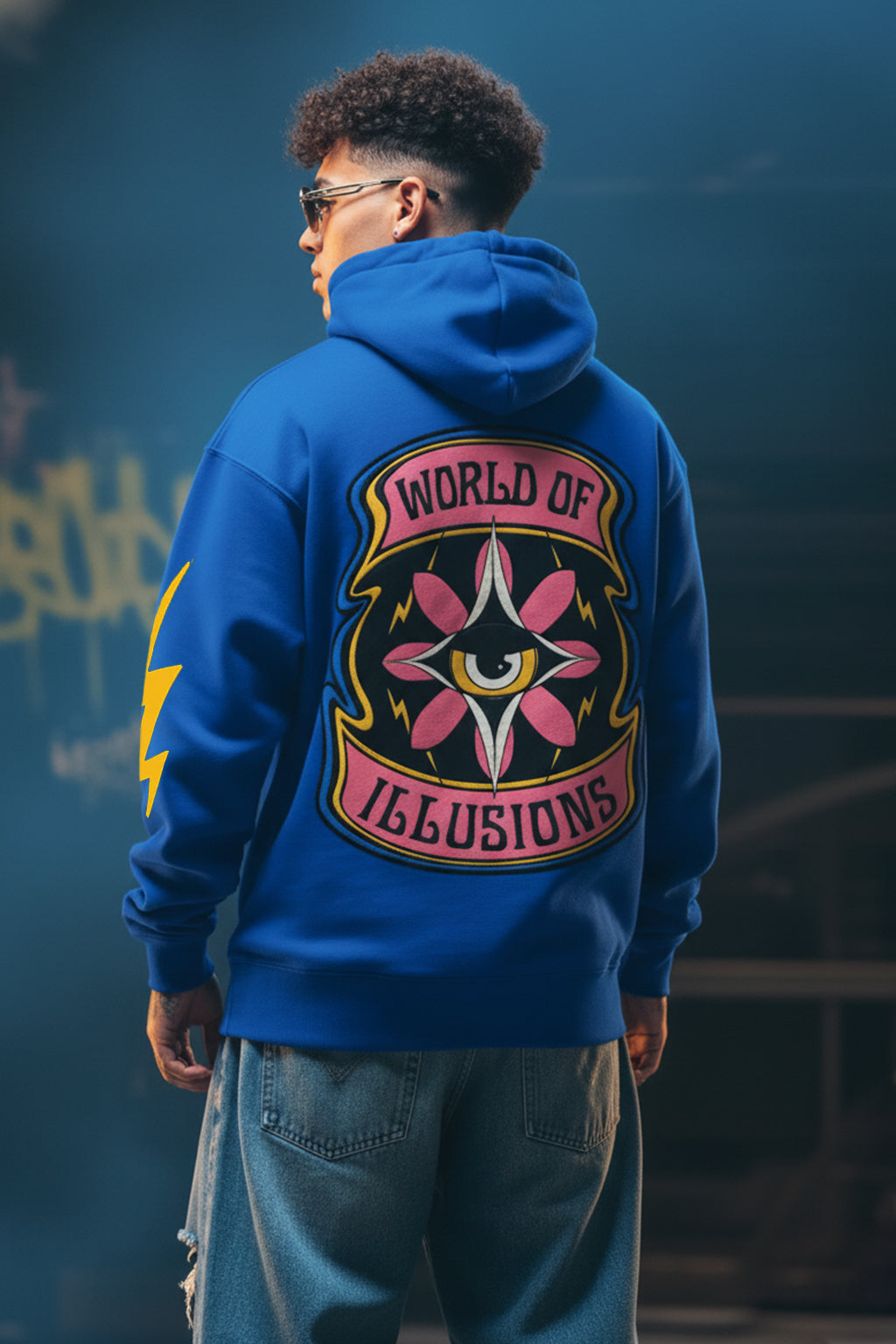 World of Illusions Blue Back Printed Regular Fit Hoodie