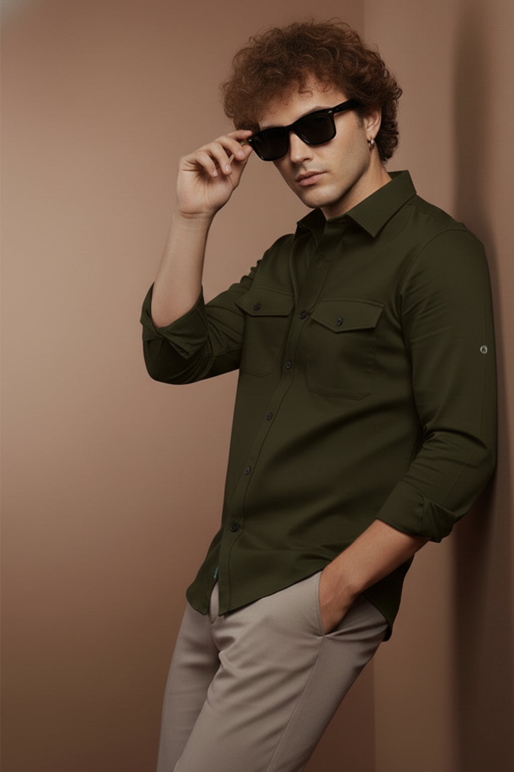 Green Plain Relaxed Fit Full Sleeve Dual Pocket Utility Exclusive Shirt