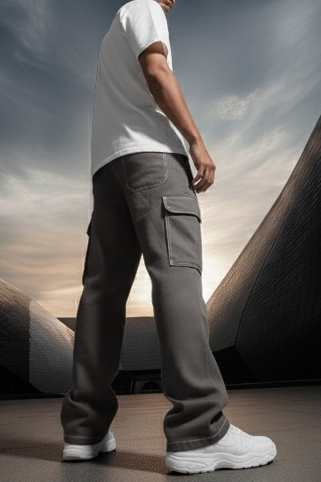Grey Pure Woven Straight Fit 5 Pocket Cargo