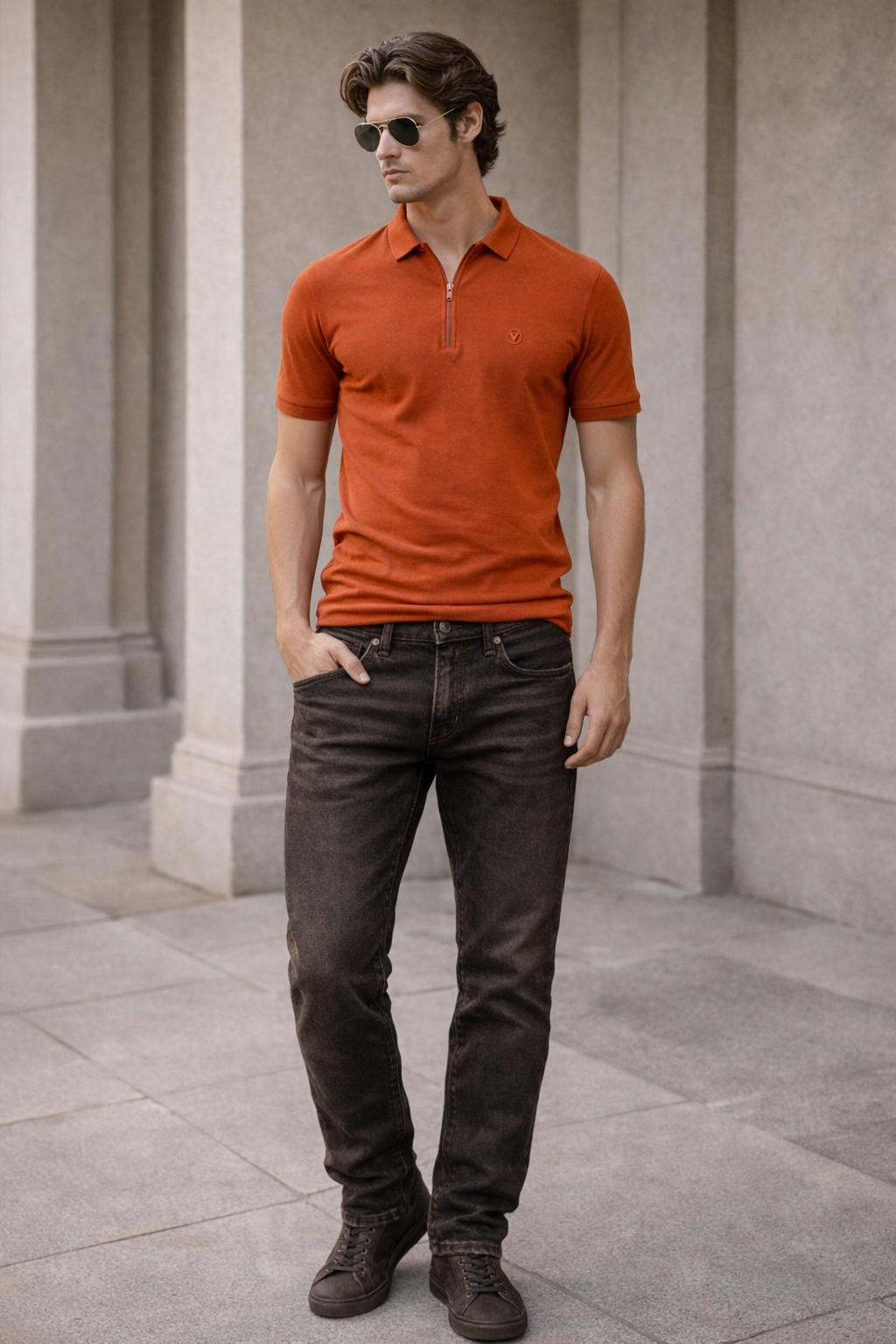 Orange Interlock Plain Regular Fit Zipper Polo T-shirt