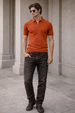 Orange Interlock Plain Regular Fit Zipper Polo T-shirt