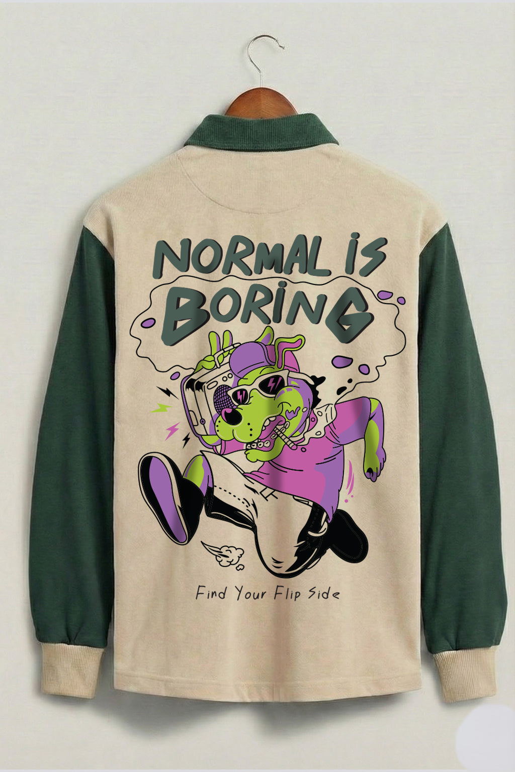 Normal Is Boring Beige & Olive Oversized Full Sleeve Exclusive Polo T-shirt