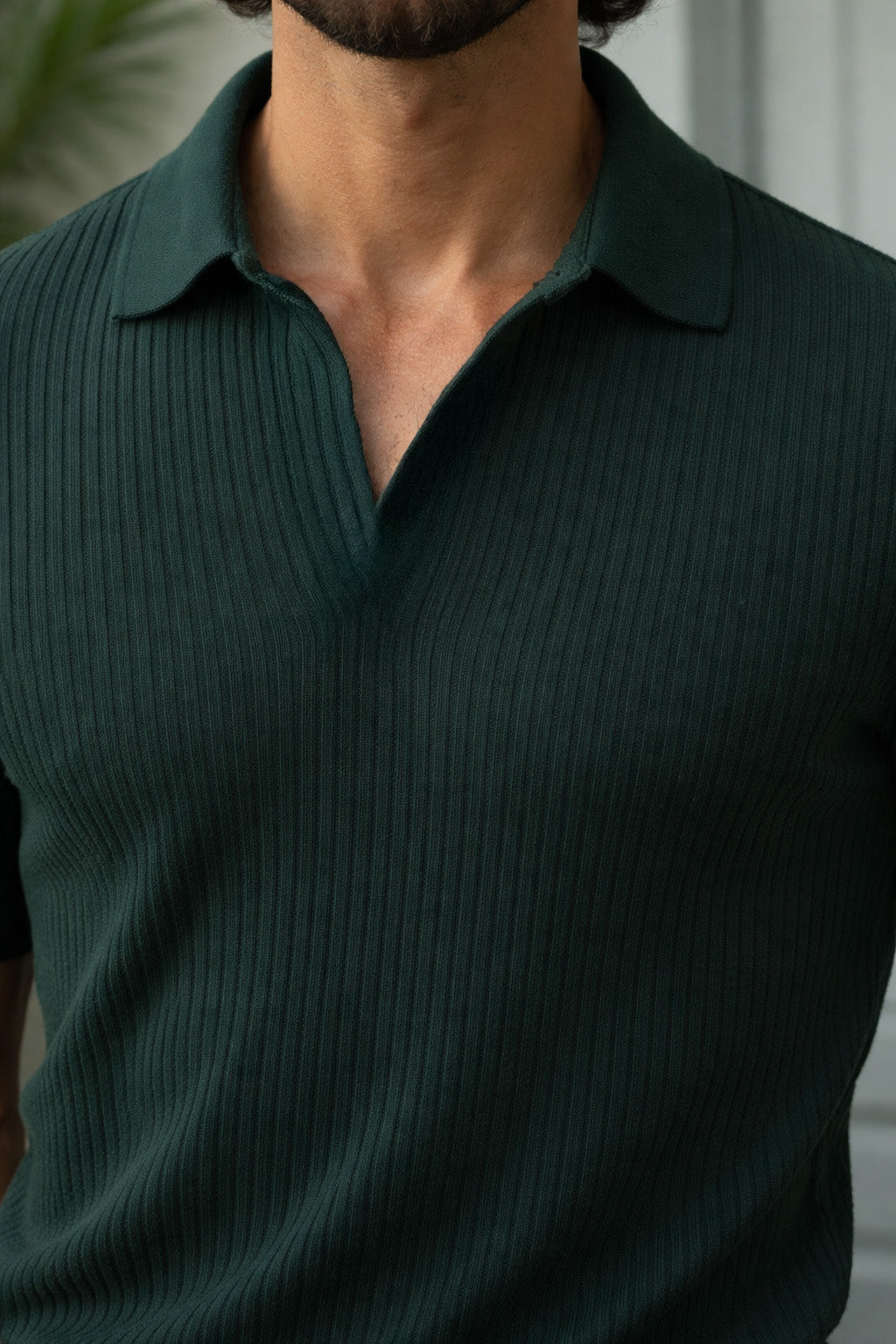 Green Ribknit Ribbed Plain Regular Fit Polo T-shirt