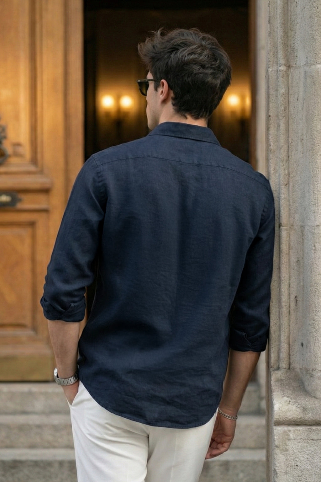 Navy Plain Regular Fit Single Pocket Full Sleeve Exclusive Shirt