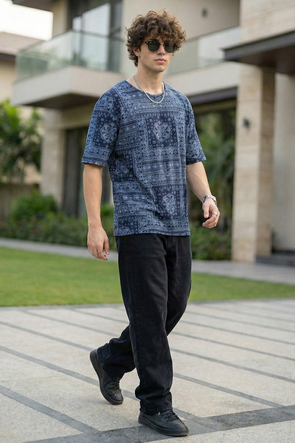 Paisley Navy Oversized All Over Printed T-shirt