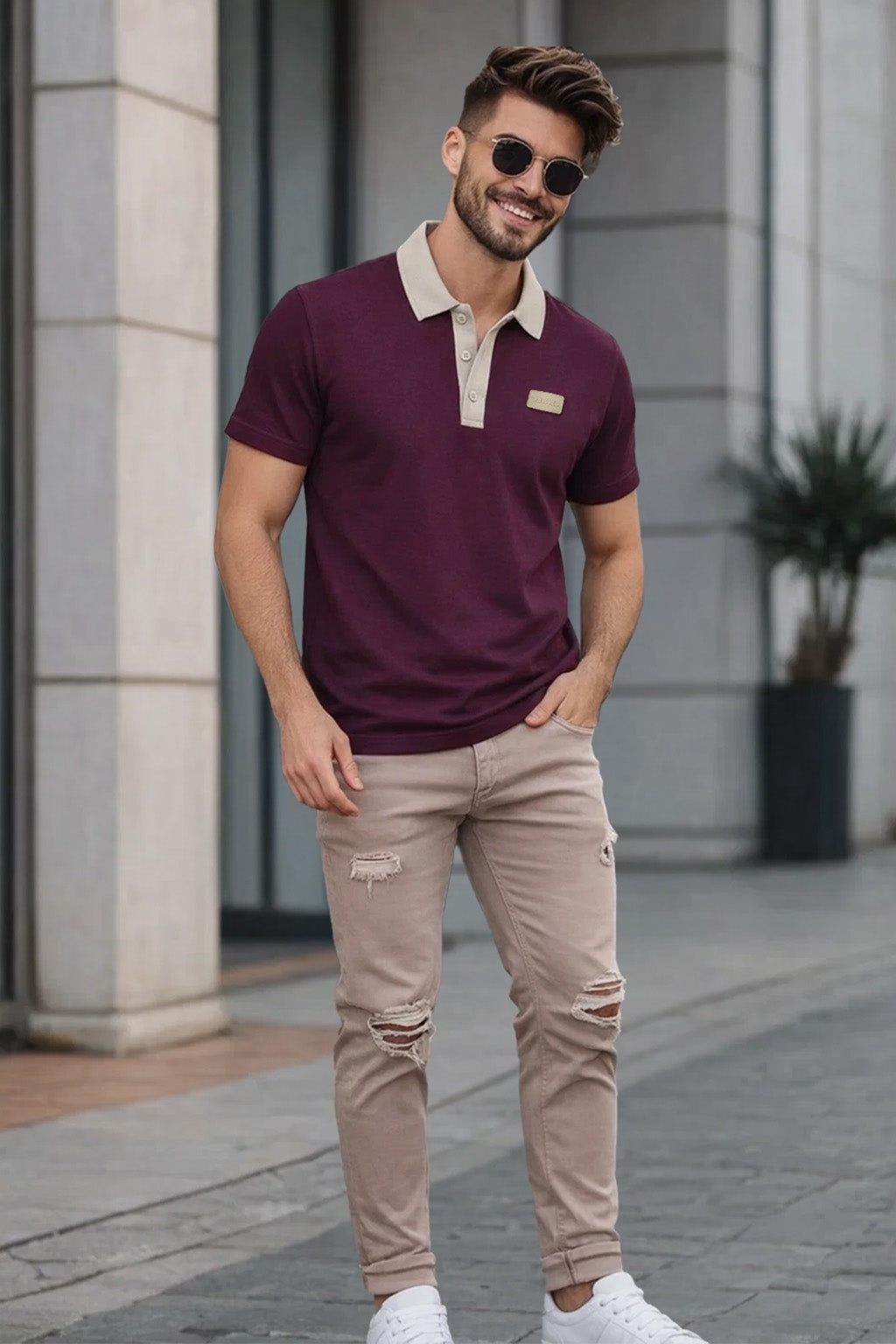 Wine Contrast Collar Economic Regular Fit Pique Polo