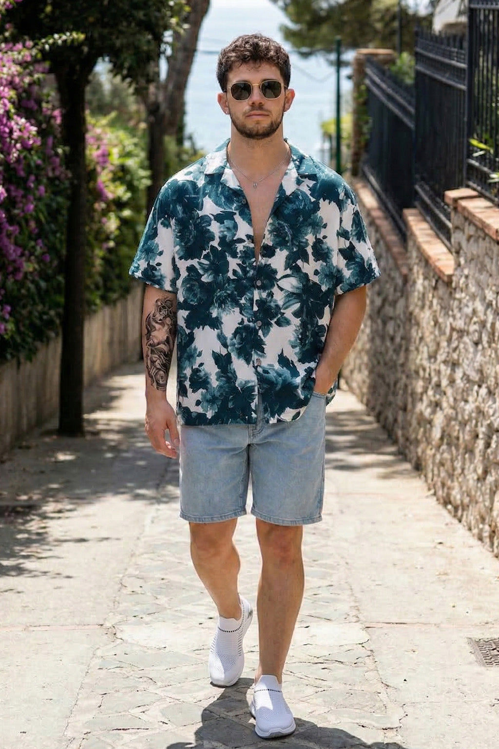 Leaf Print White & Navy Oversized All Over Printed Exclusive Shirt