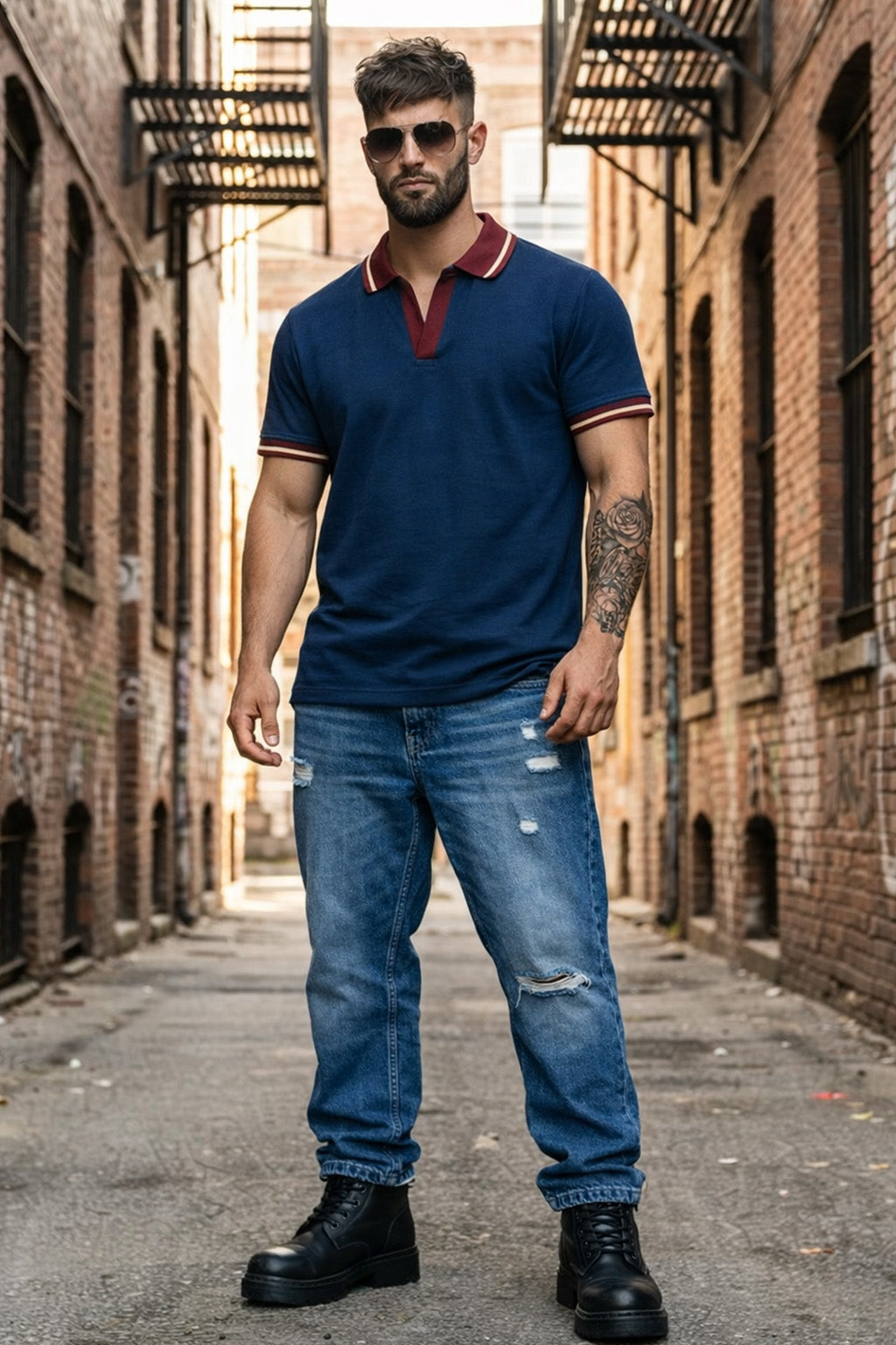 Navy Contrast Stripped Collar Economic Regular Fit Pique Polo