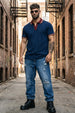Navy Contrast Stripped Collar Economic Regular Fit Pique Polo
