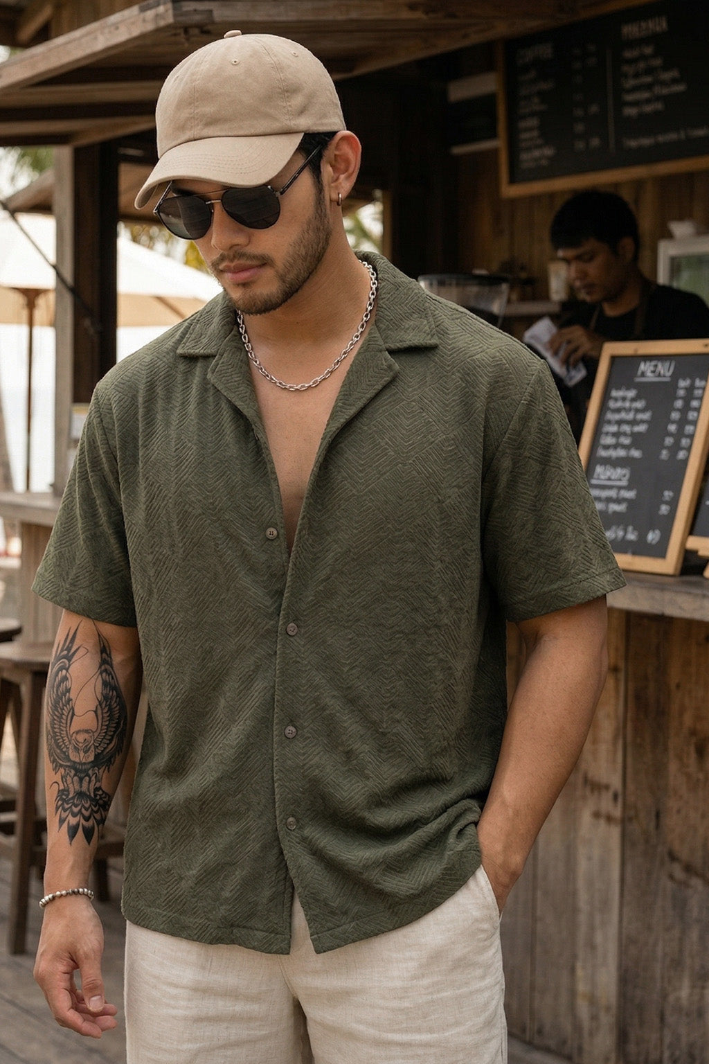 Olive Jacquard Plain Oversized Exclusive Shirt