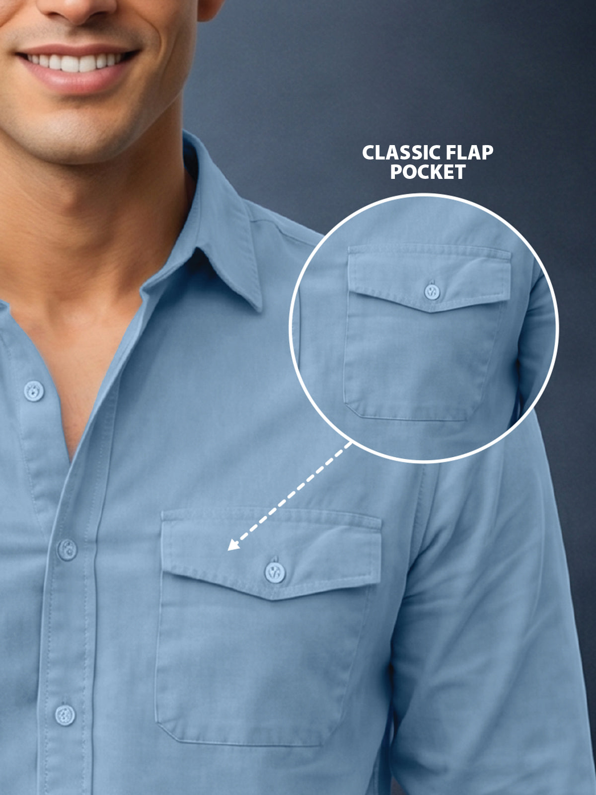 Sky Blue Plain Relaxed Fit Full Sleeve Dual Pocket Utility Exclusive Shirt