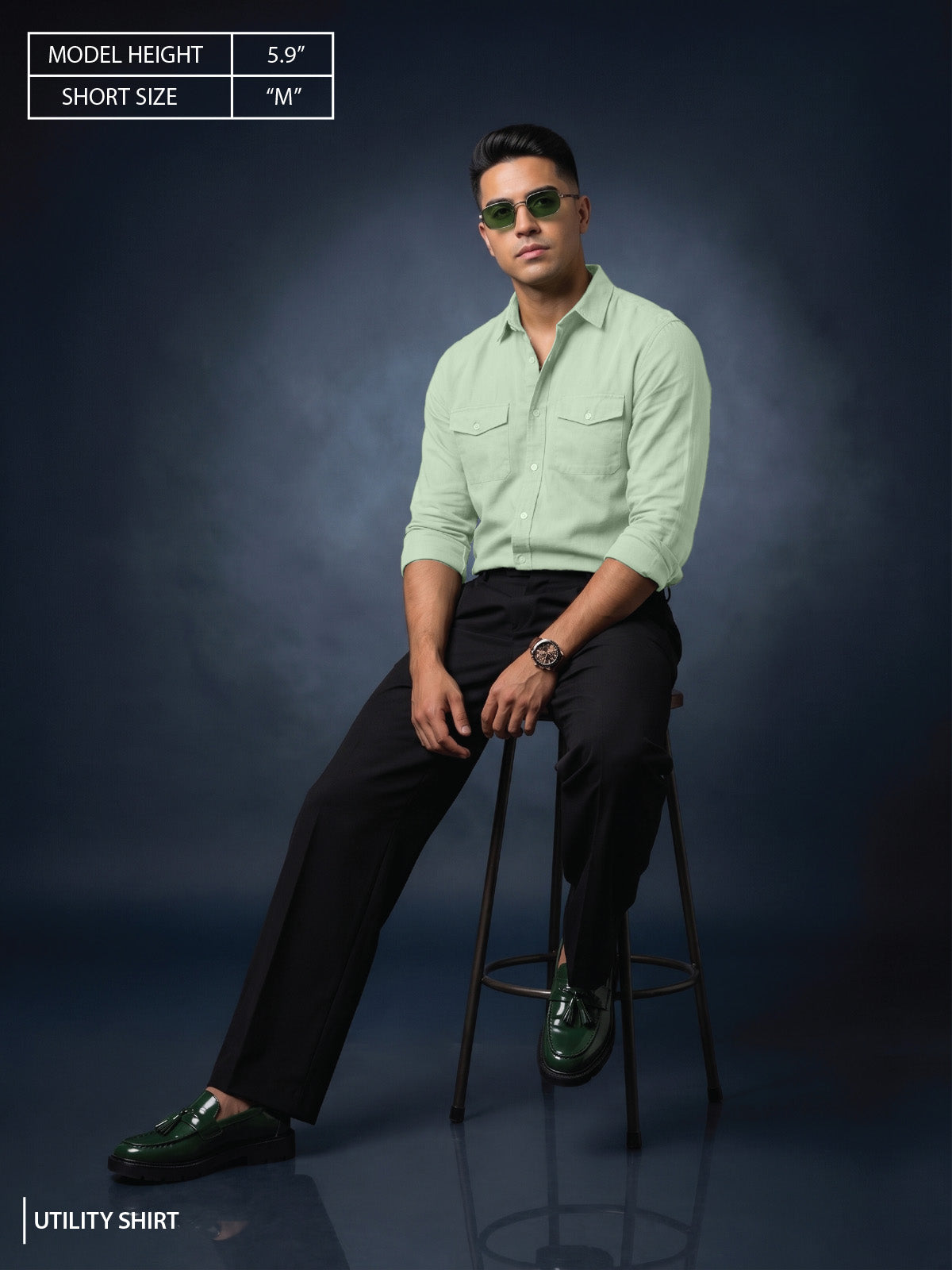 Smoke Green Plain Relaxed Fit Full Sleeve Dual Pocket Utility Exclusive Shirt