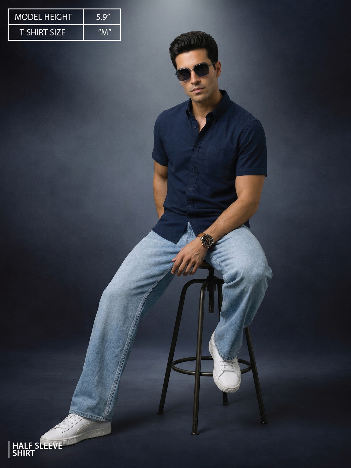 Navy Plain Regular Fit Half Sleeve Single Pocket Exclusive Shirt