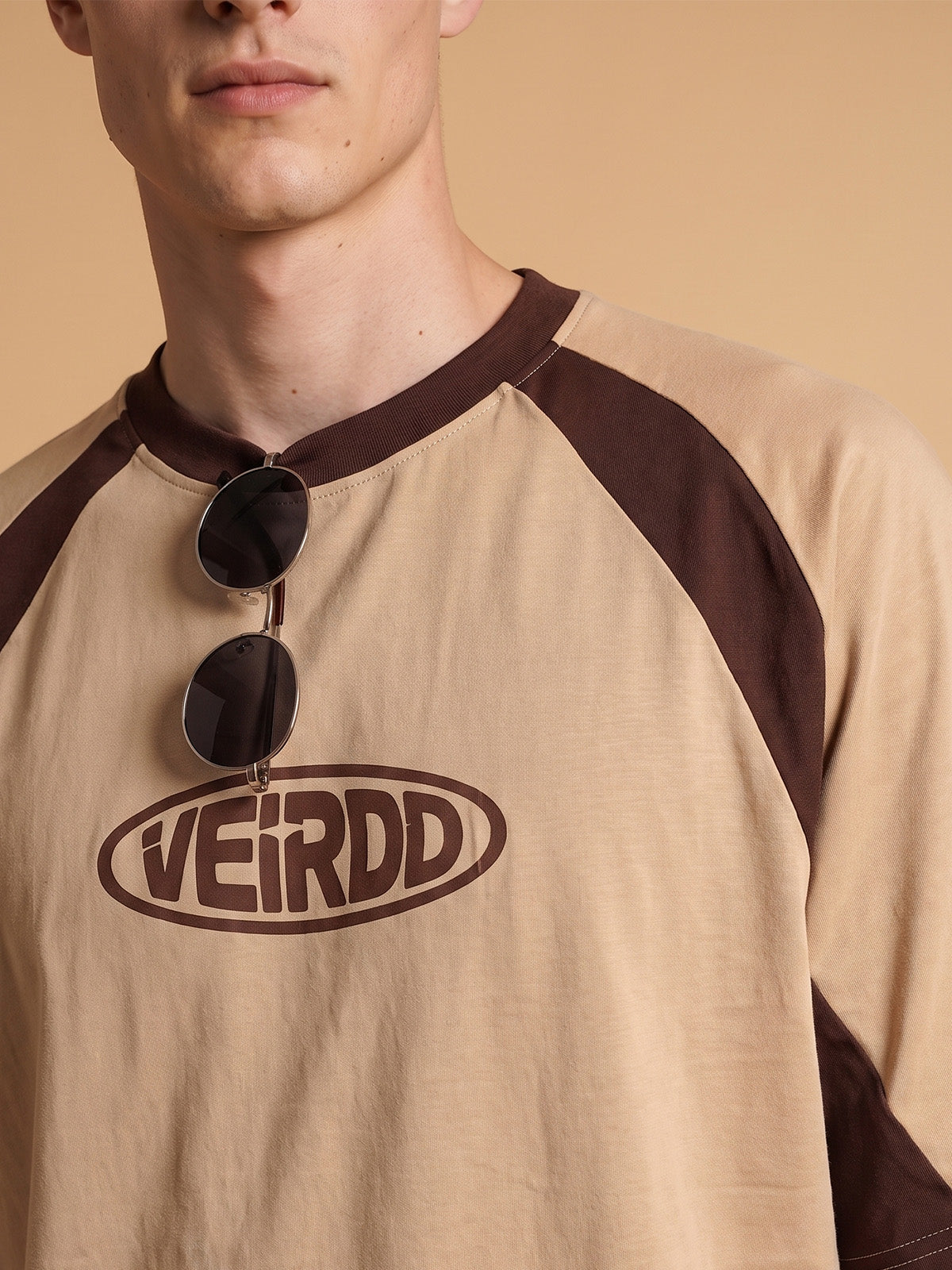 Veirdo Signature Raglan Beige Oversized Graphic Printed T-shirt