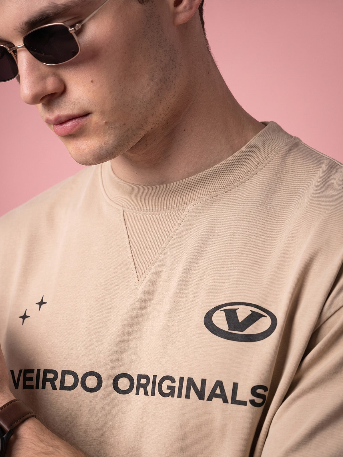 Veirdo Originals Piped Beige Oversized Graphic Printed T-shirt