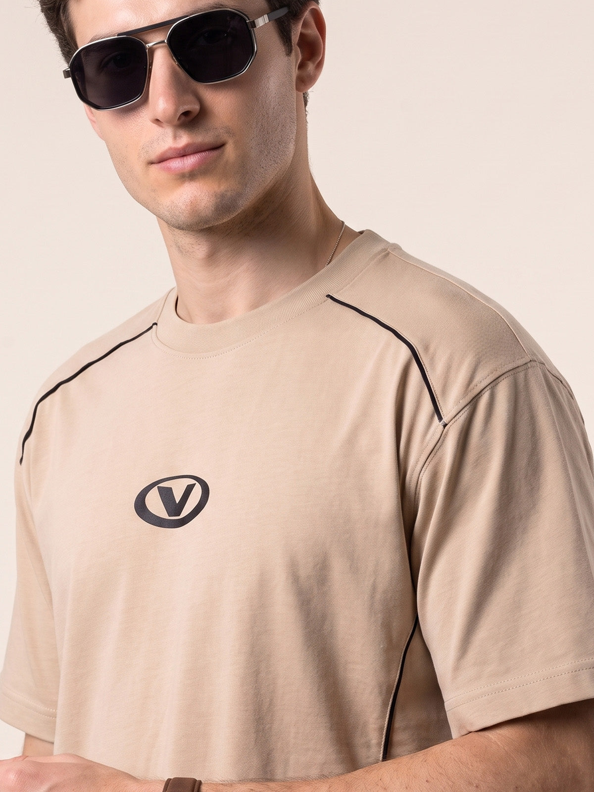 Athletic Essentials Beige Oversized Graphic Printed T-shirt