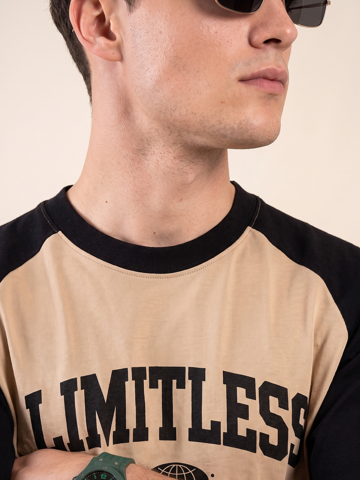 Limitless Raglan Beige Oversized Graphic Printed T-shirt