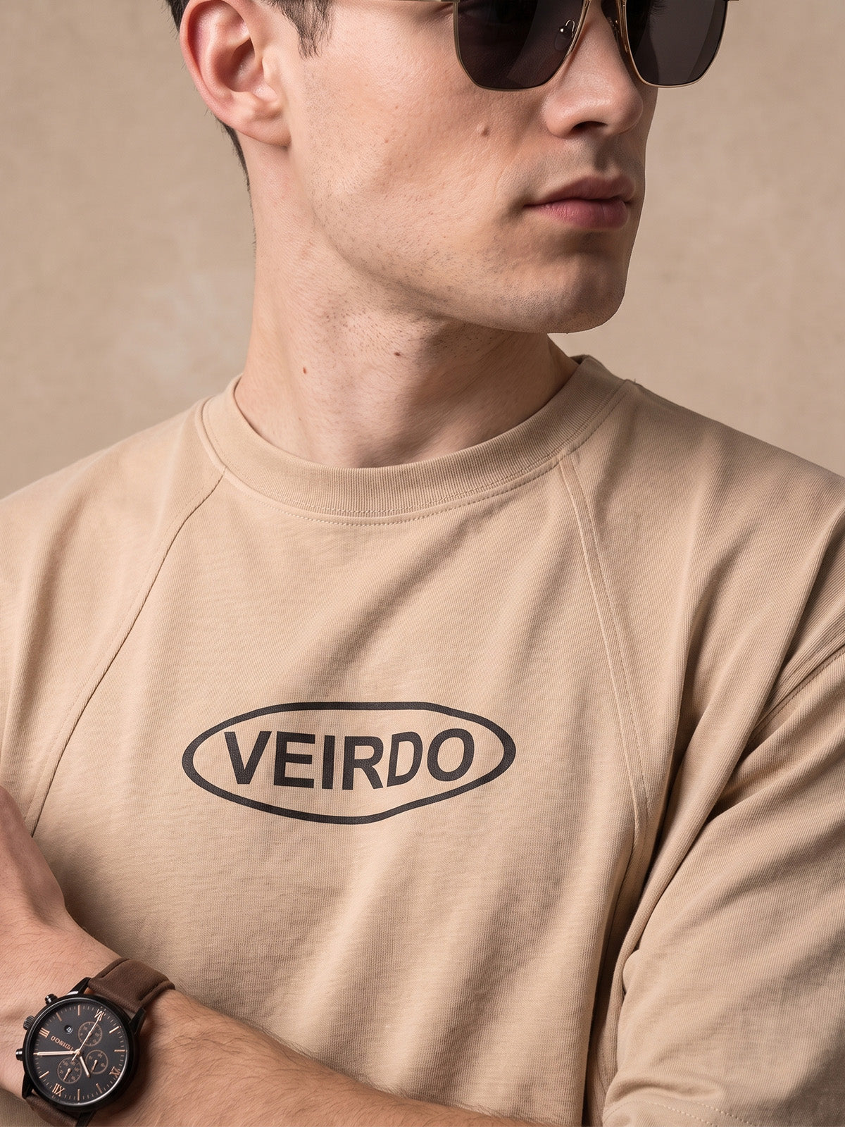 Veirdo Signature Beige Oversized Graphic Printed T-shirt