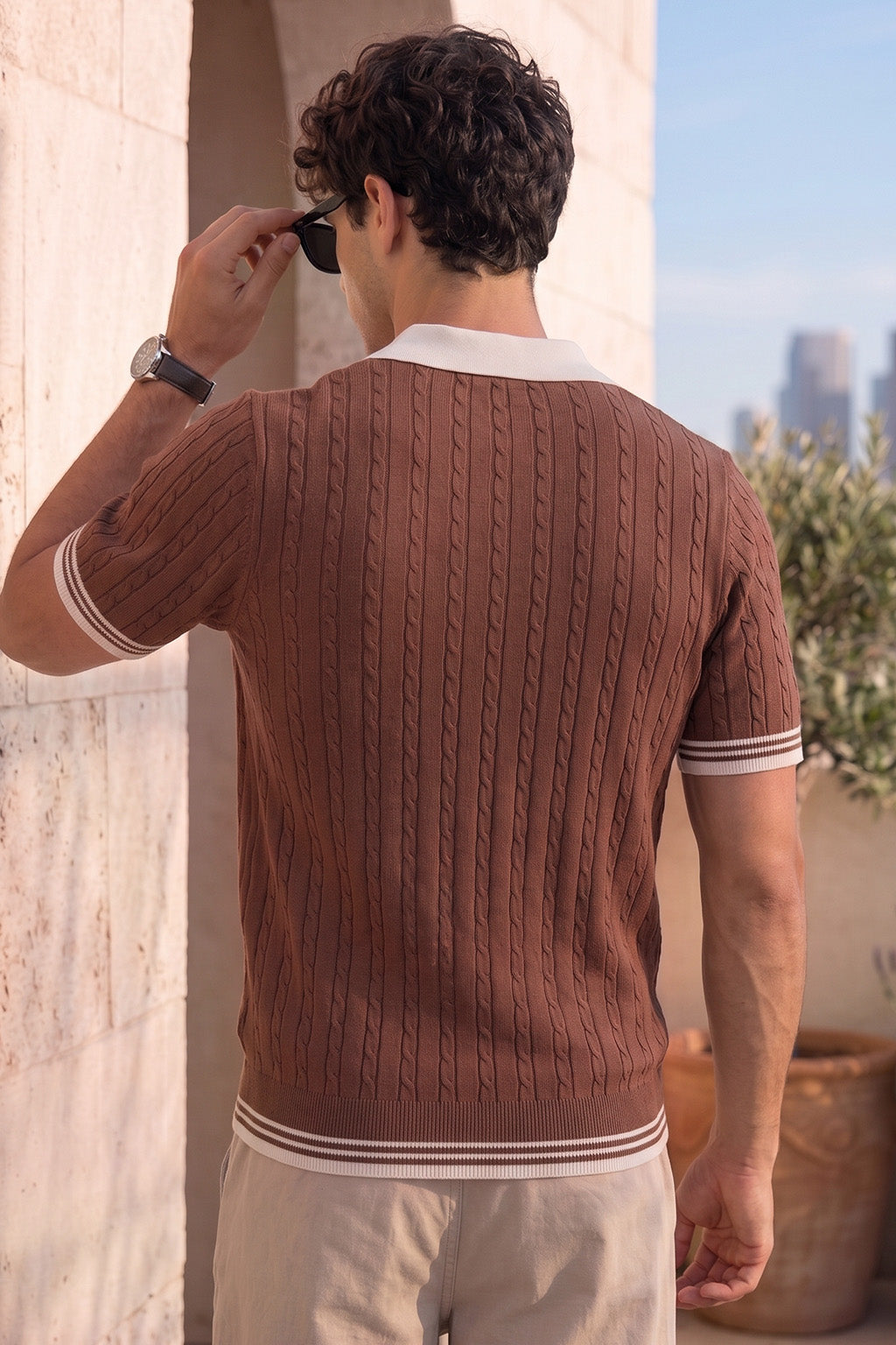 Cable Knit Brown Flatknit Textured Regular Fit Exclusive Button Polo T-Shirt