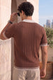 Cable Knit Brown Flatknit Textured Regular Fit Exclusive Button Polo T-Shirt
