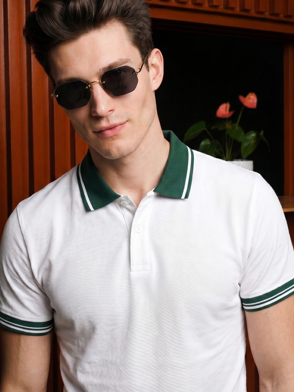 White Pique Stripe Collar Regular Fit Tipping Polo T-shirt