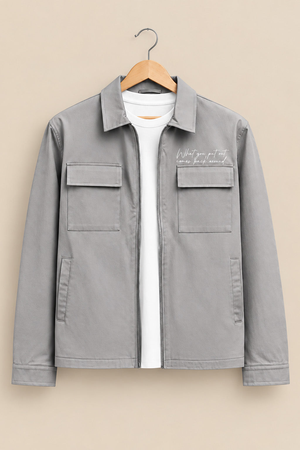 Light Grey 4-Pocket Regular Fit Nylon Exclusive Shacket