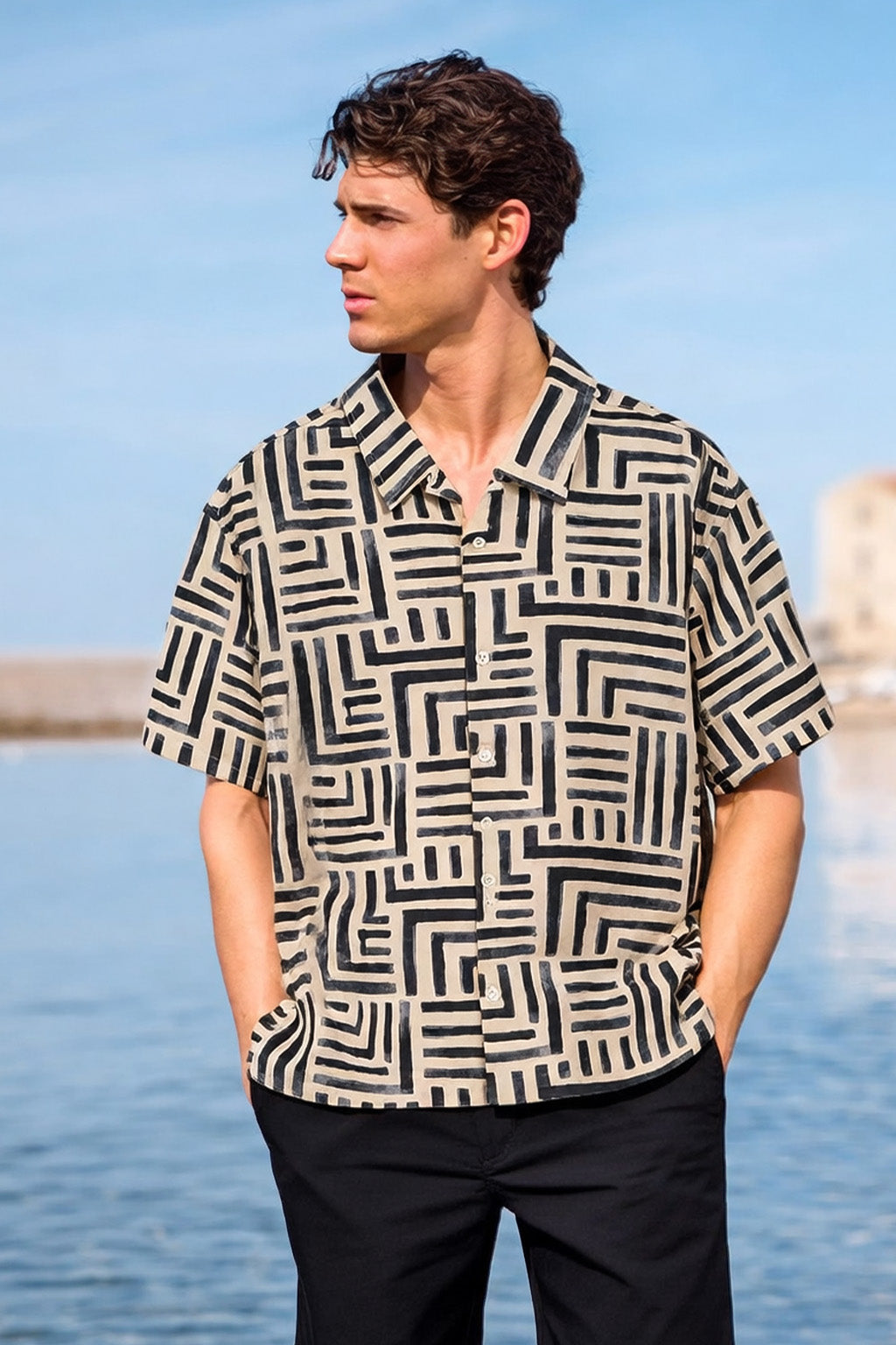 Geo Lines Beige All Over Printed Oversized Exclusive Shirt