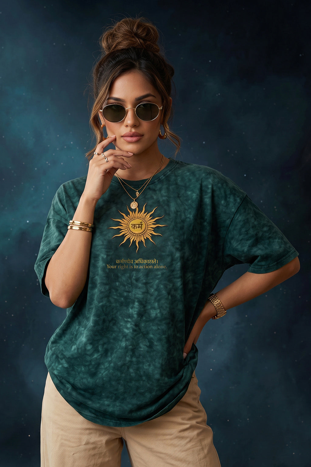कर्म Green Acid Washed Printed Exclusive T-shirt Epic Collection For Women