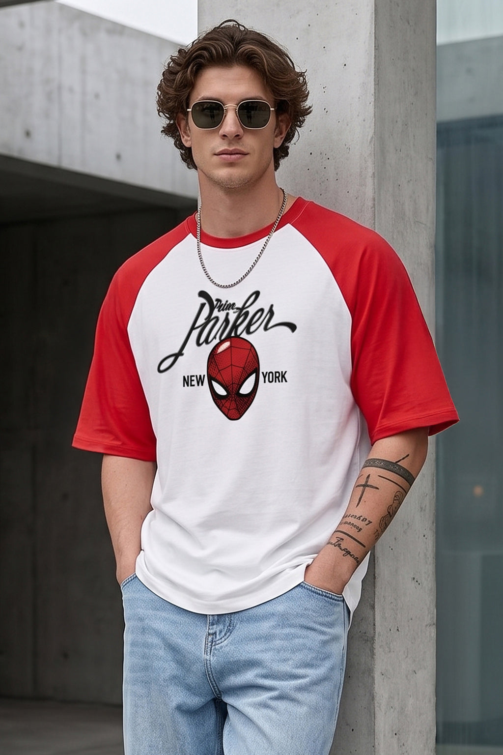 Peter Parker Red Raglan Oversized Printed T-Shirt