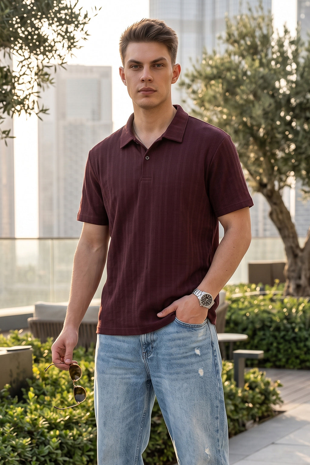 Wine Cross Lining Jacquard Regular Fit Button Polo