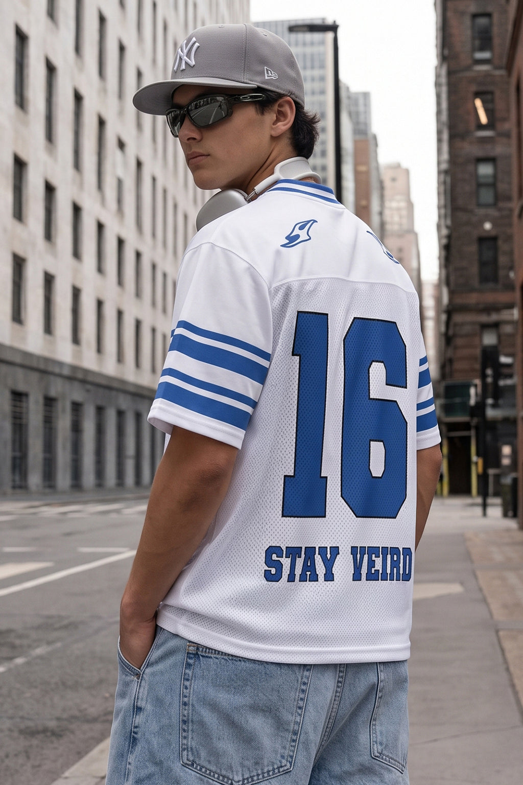 Veirdo 16 Blue & White Varsity Collar Oversized T-Shirt