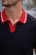 Black Contrast Stripped Rib Collar Economic Regular Fit Pique Polo