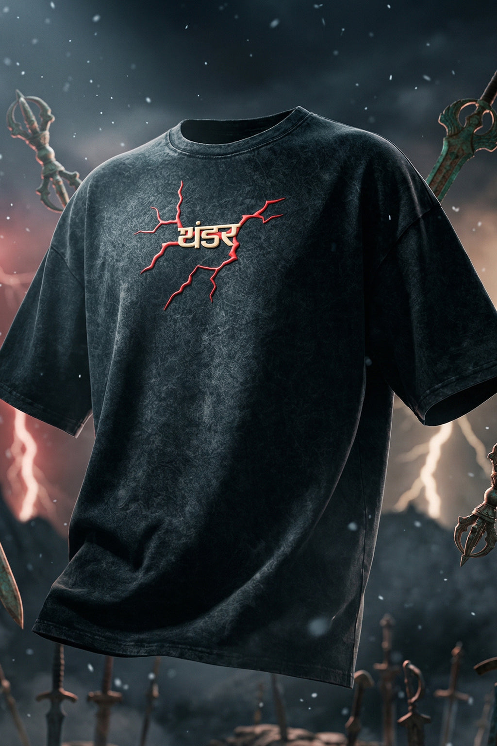 थंडर Black Acid Washed Puff Printed Exclusive T-shirt Supreme Edition