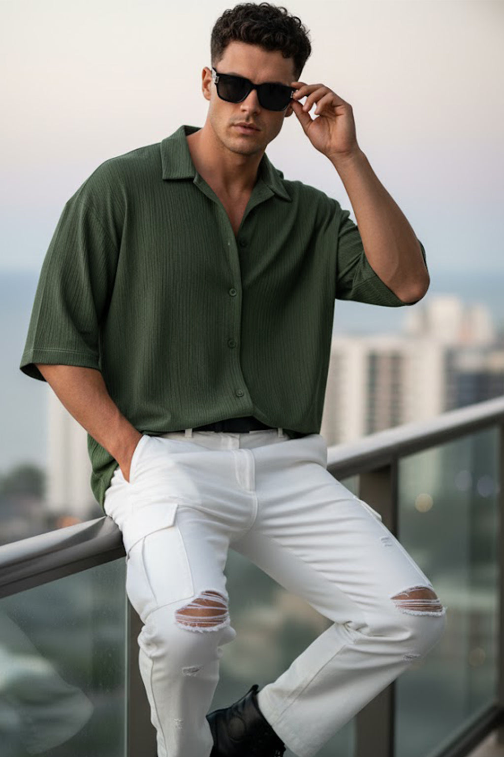 Olive Textured Plain Oversized Exclusive Shirt