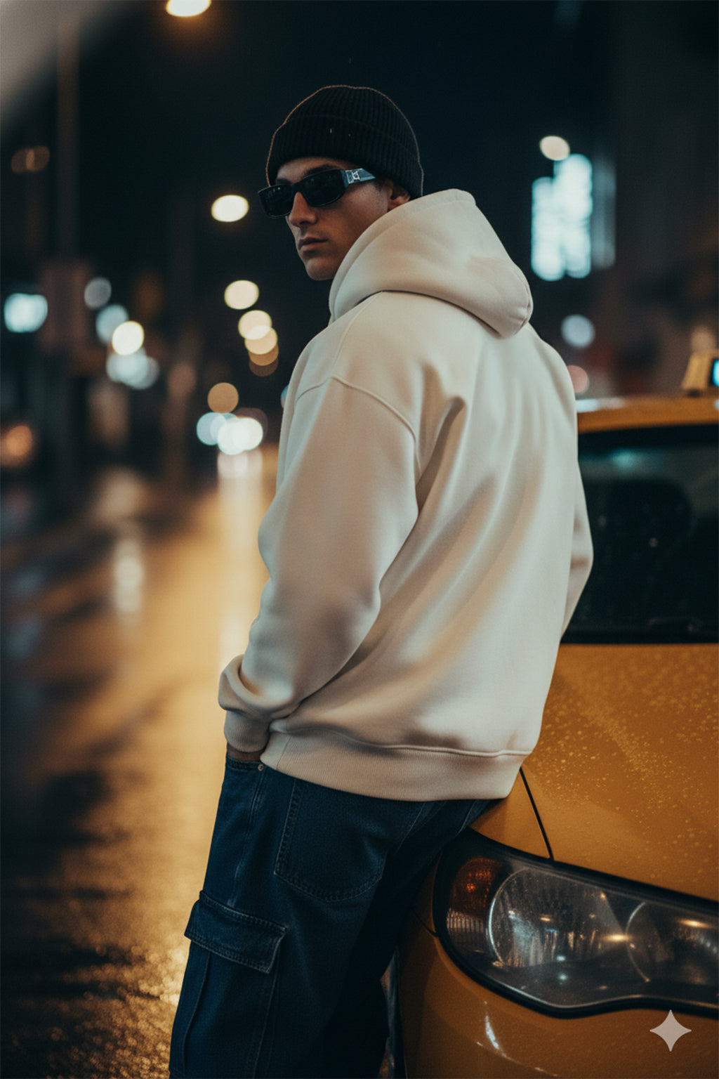 Seek Beige Oversized Pocket Graphic Printed Hoodie