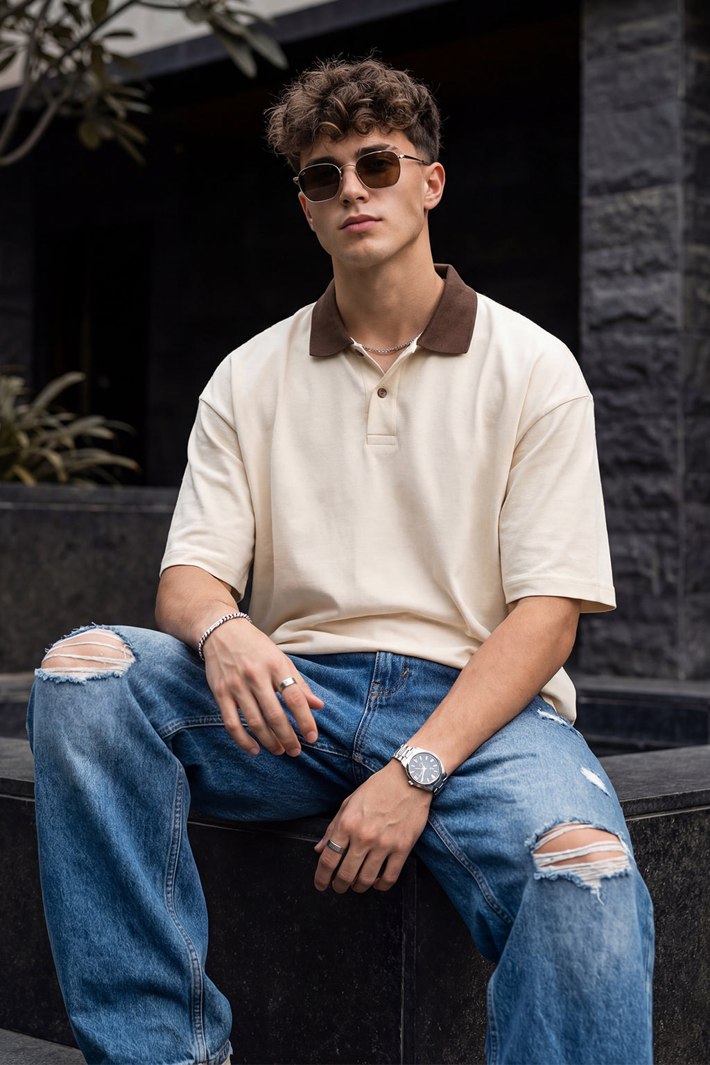 Swan White Plain Oversized Polo T-shirt