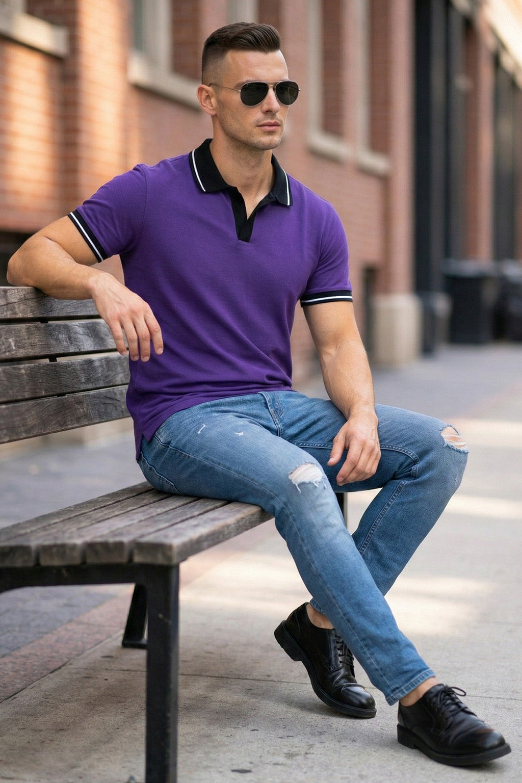Purple Contrast Stripped Rib Collar Economic Regular Fit Pique Polo