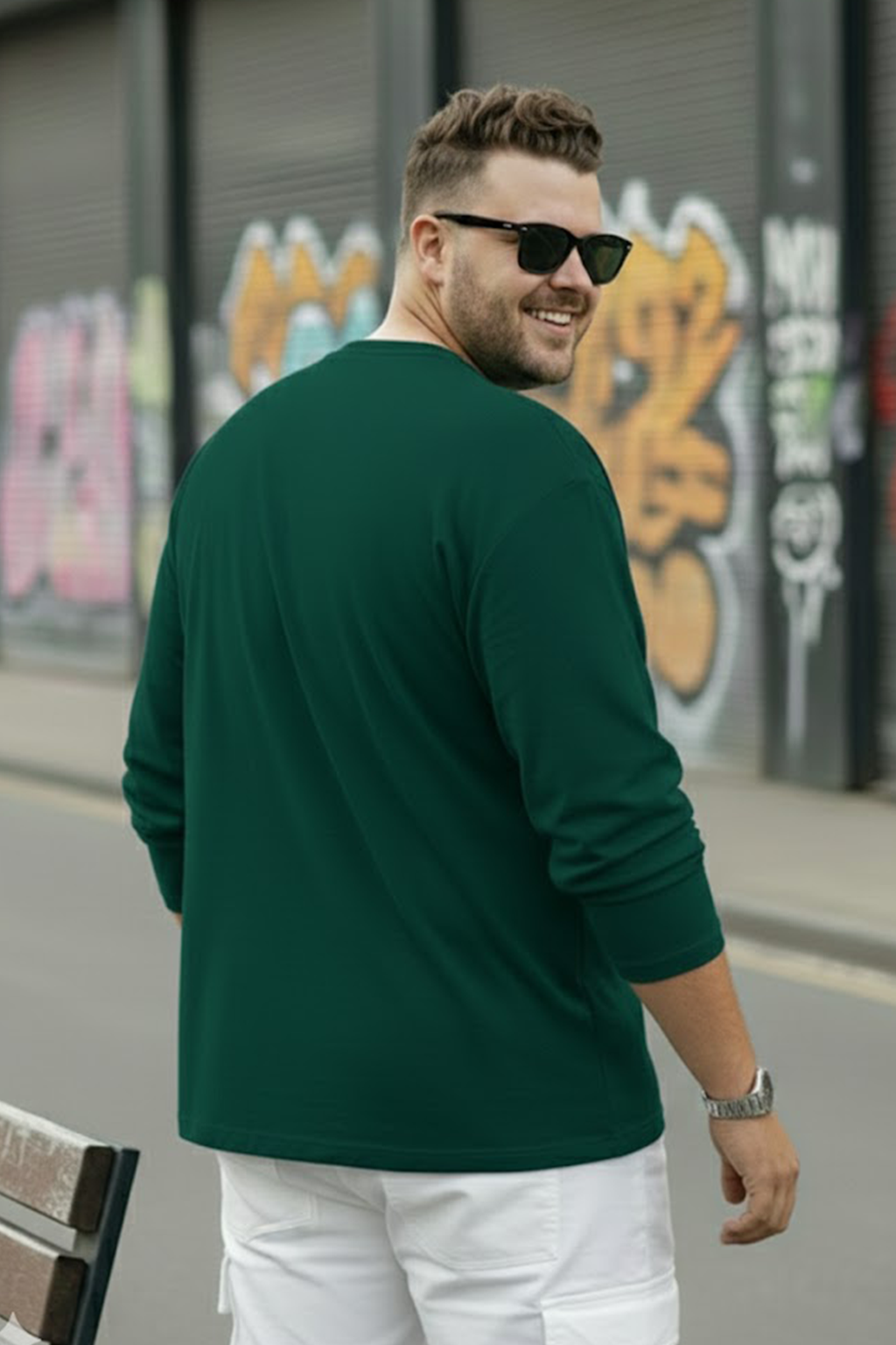 Green Plain Full Sleeve Plus Size T-shirt